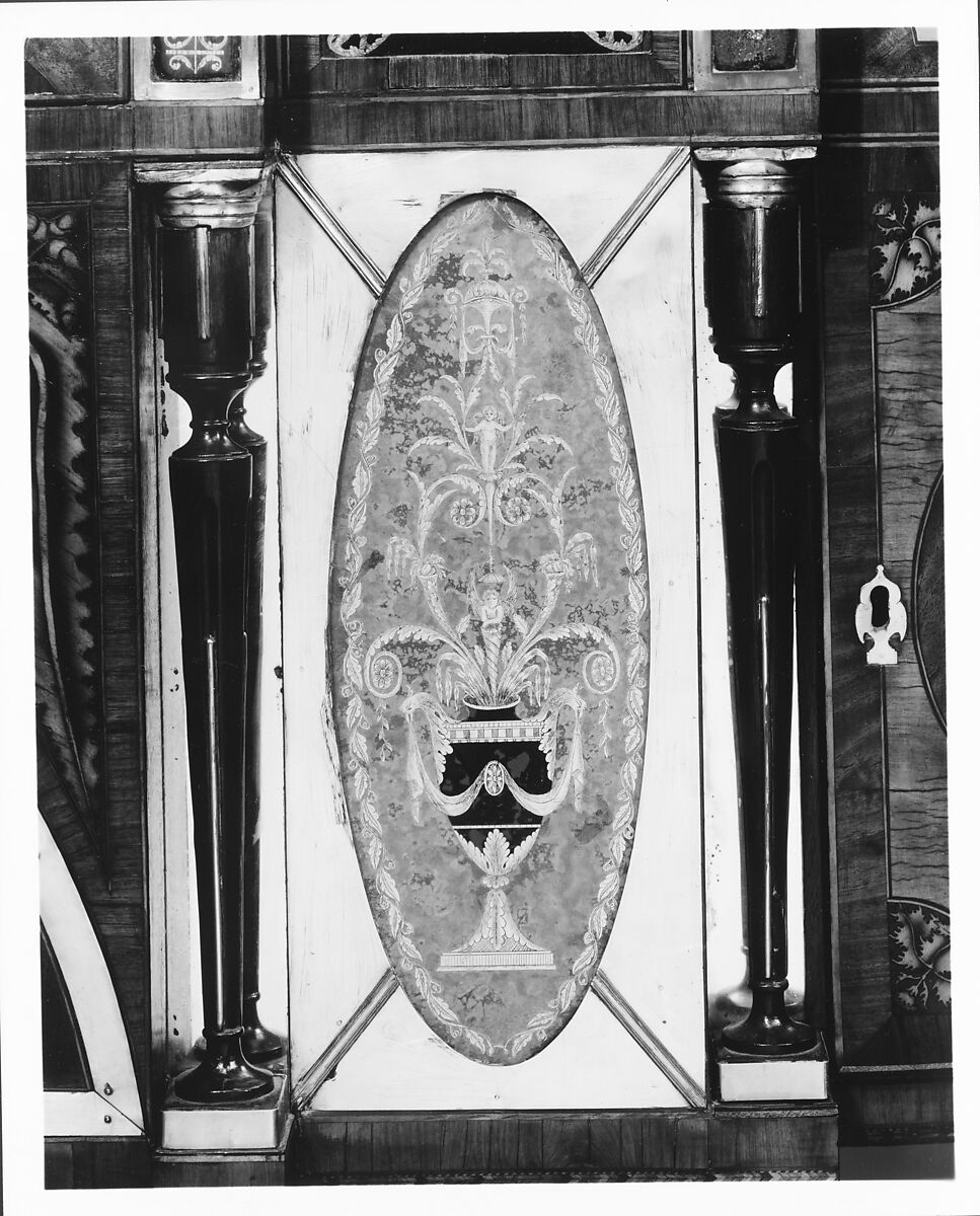 Sideboard, Mahogany, satinwood, silver, copper, verre églomisé with yellow poplar, white pine, mahogany, American