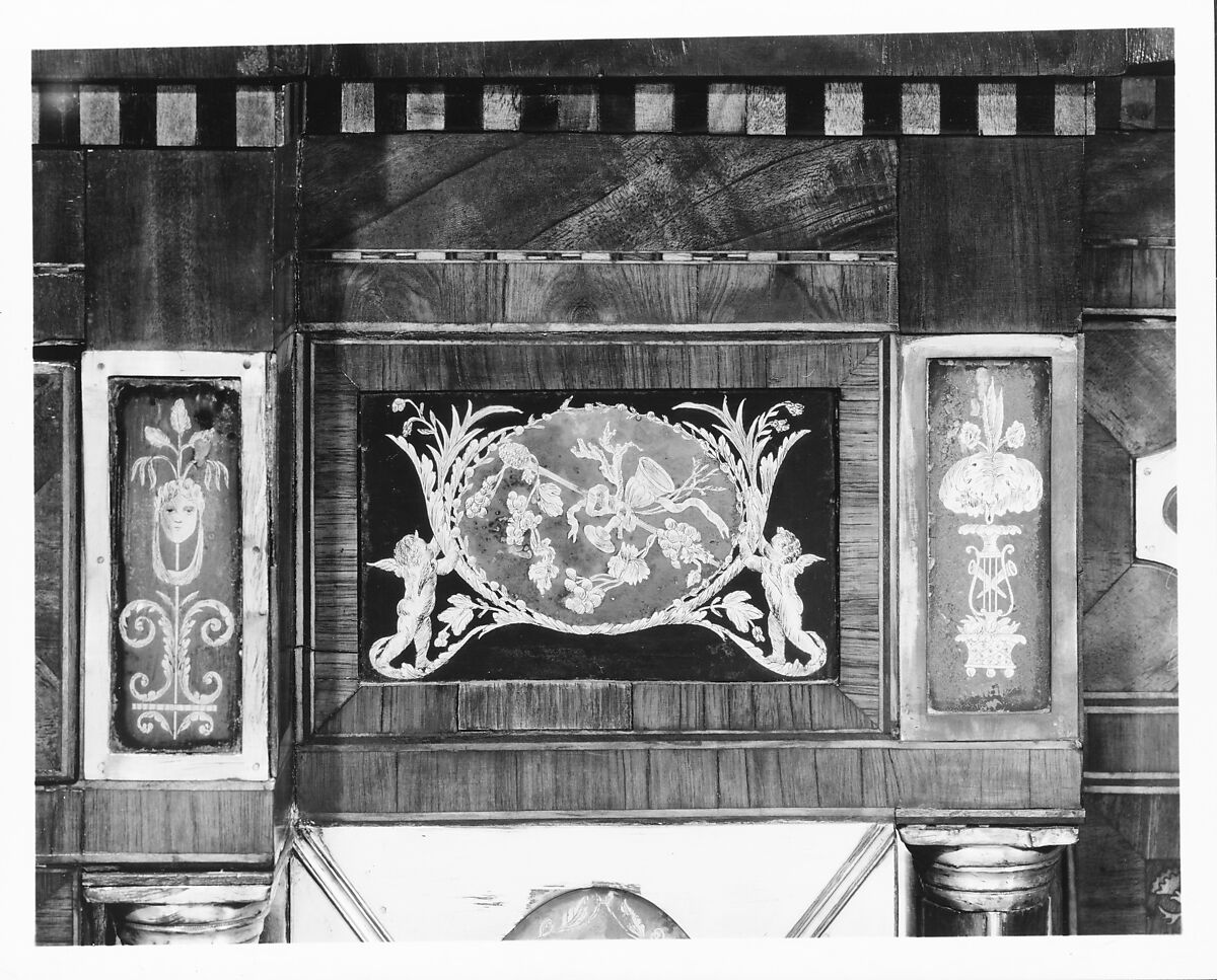 Sideboard, Mahogany, satinwood, silver, copper, verre églomisé with yellow poplar, white pine, mahogany, American