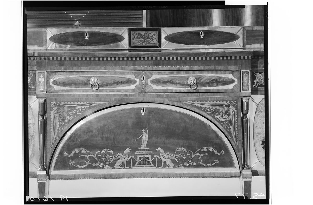 Sideboard, Mahogany, satinwood, silver, copper, verre églomisé with yellow poplar, white pine, mahogany, American
