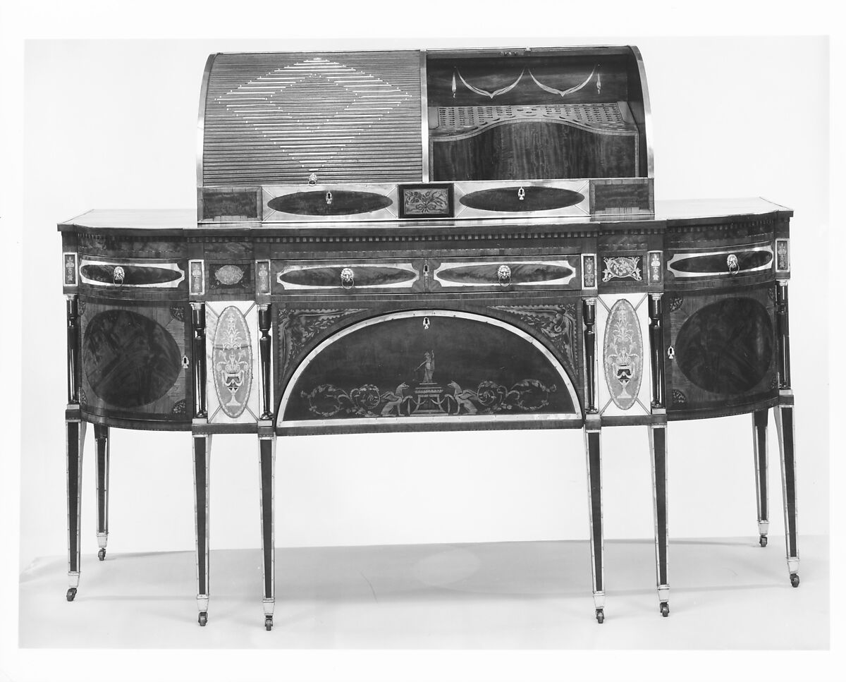 Sideboard, Mahogany, satinwood, silver, copper, verre églomisé with yellow poplar, white pine, mahogany, American