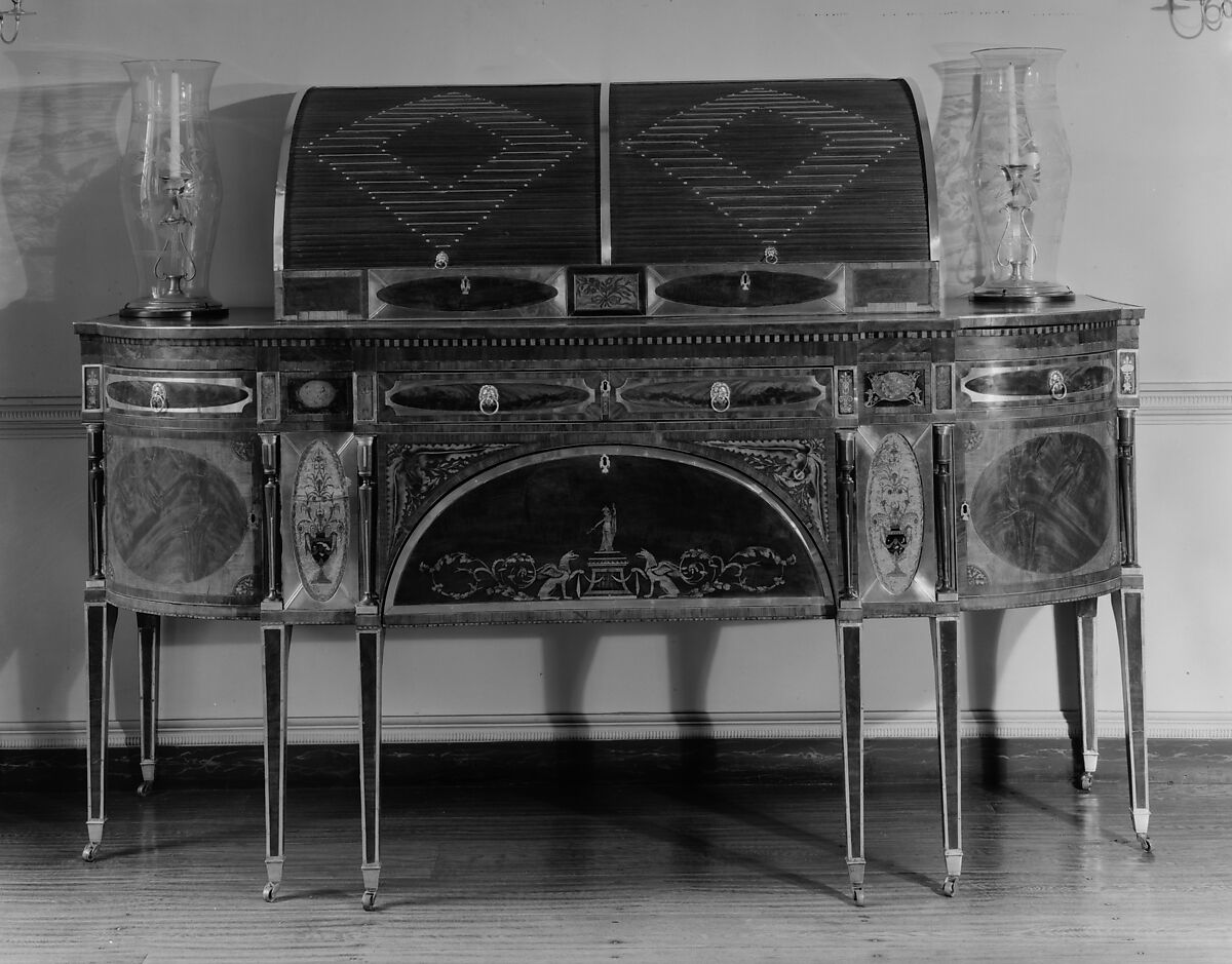 Sideboard, Mahogany, satinwood, silver, copper, verre églomisé with yellow poplar, white pine, mahogany, American