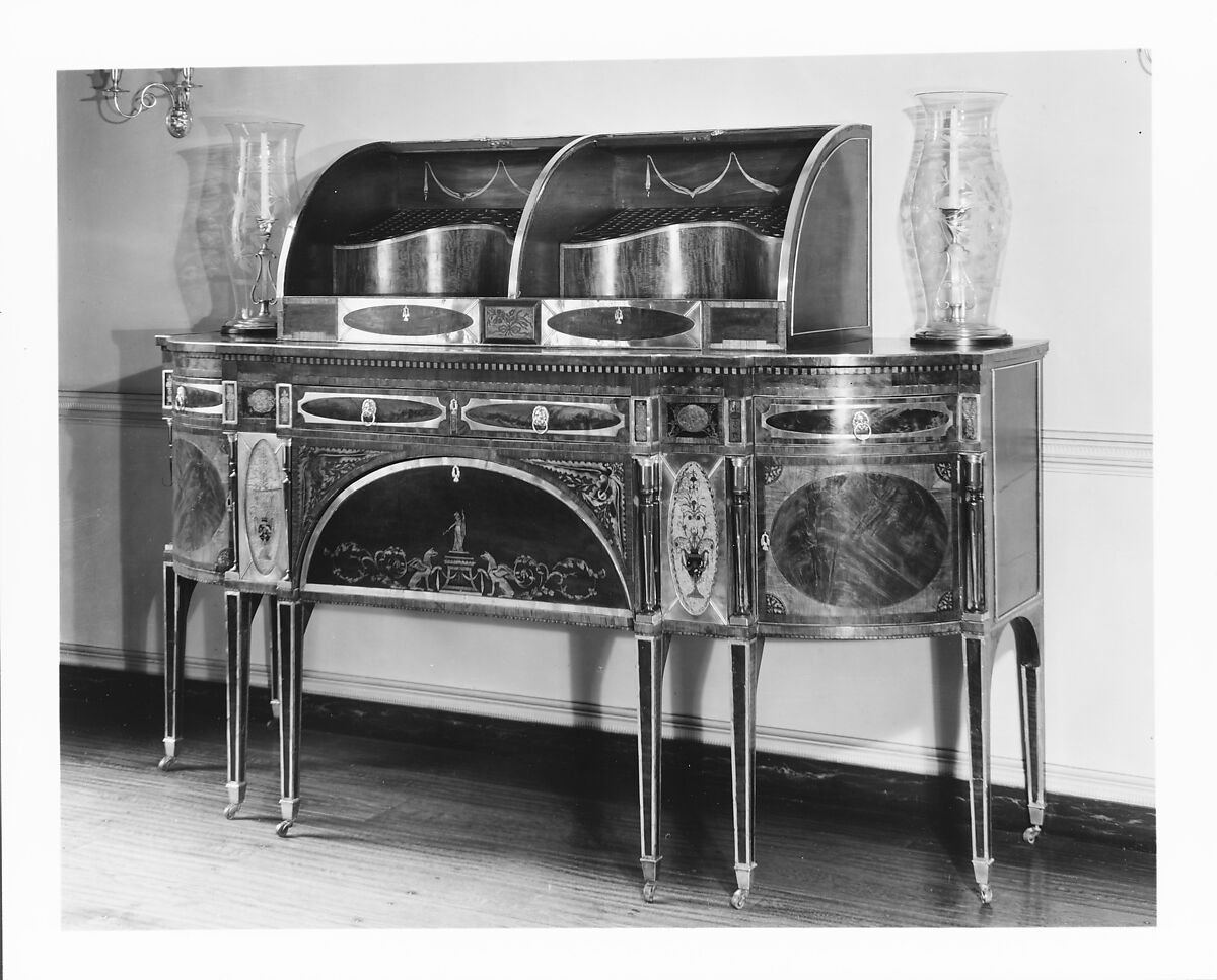 Sideboard, Mahogany, satinwood, silver, copper, verre églomisé with yellow poplar, white pine, mahogany, American