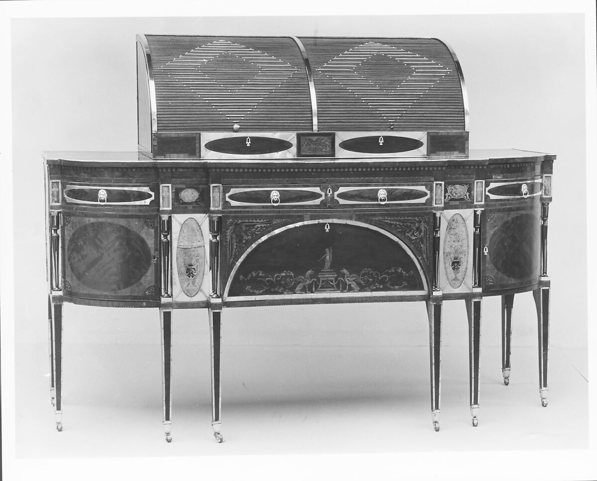 Sideboard, Mahogany, satinwood, silver, copper, verre églomisé with yellow poplar, white pine, mahogany, American
