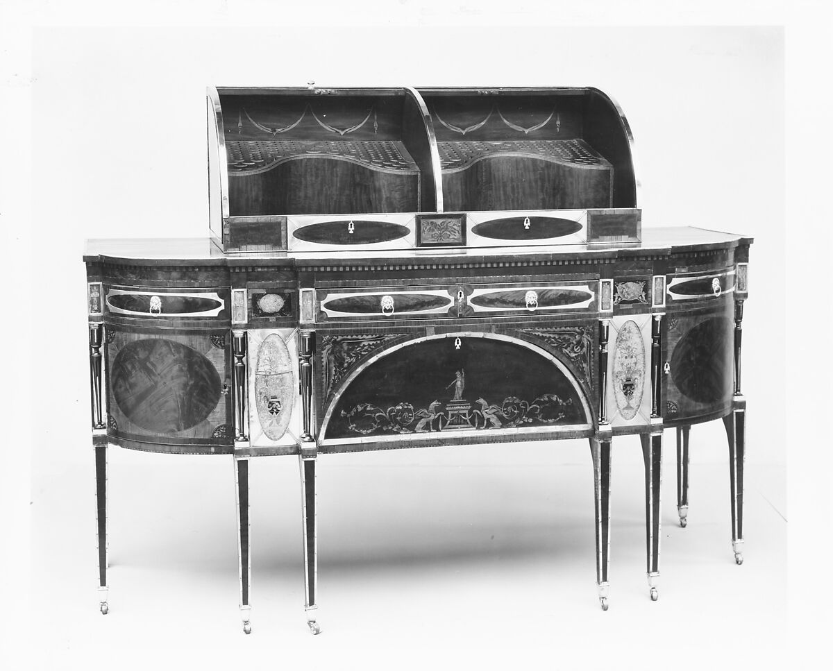 Sideboard, Mahogany, satinwood, silver, copper, verre églomisé with yellow poplar, white pine, mahogany, American