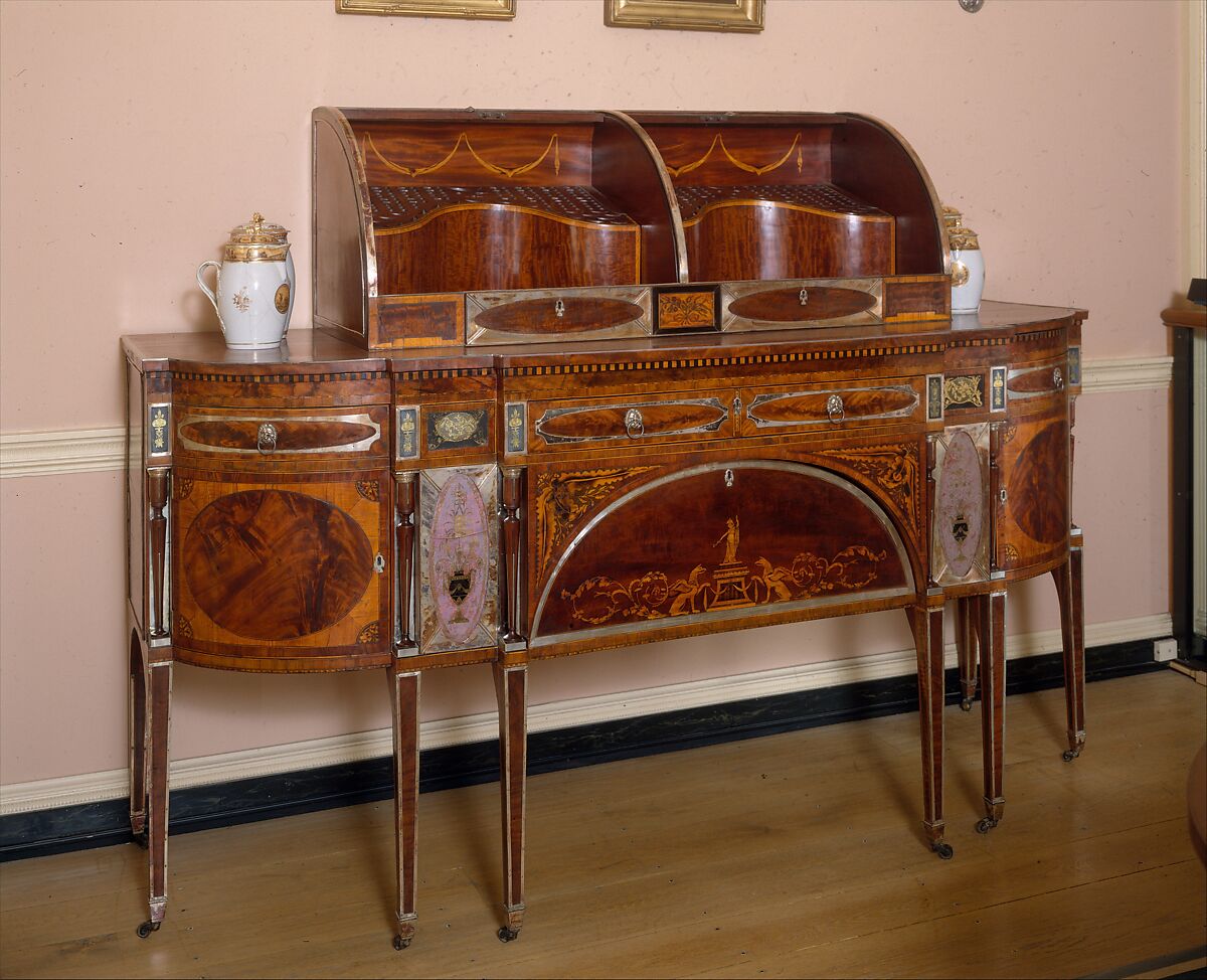 Sideboard, Mahogany, satinwood, silver, copper, verre églomisé with yellow poplar, white pine, mahogany, American 