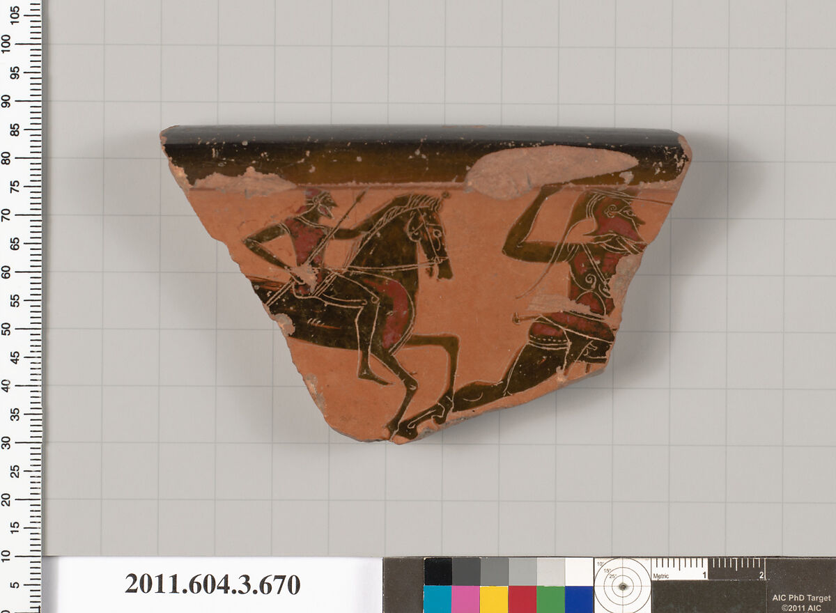 Terracotta fragment of a calyx-krater (bowl for mixing wine and water), Terracotta, Greek, Attic 
