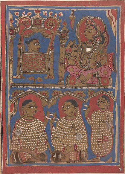 Vajra in His Cradle (top left) / Vajra Being Nursed by His Mother (top right) / The Nuns who Cared for Vajra (bottom); Page from a Dispersed Kalpa Sutra (Jain Book of Rituals), Ink, opaque watercolor, and gold on paper, India (Gujarat) 