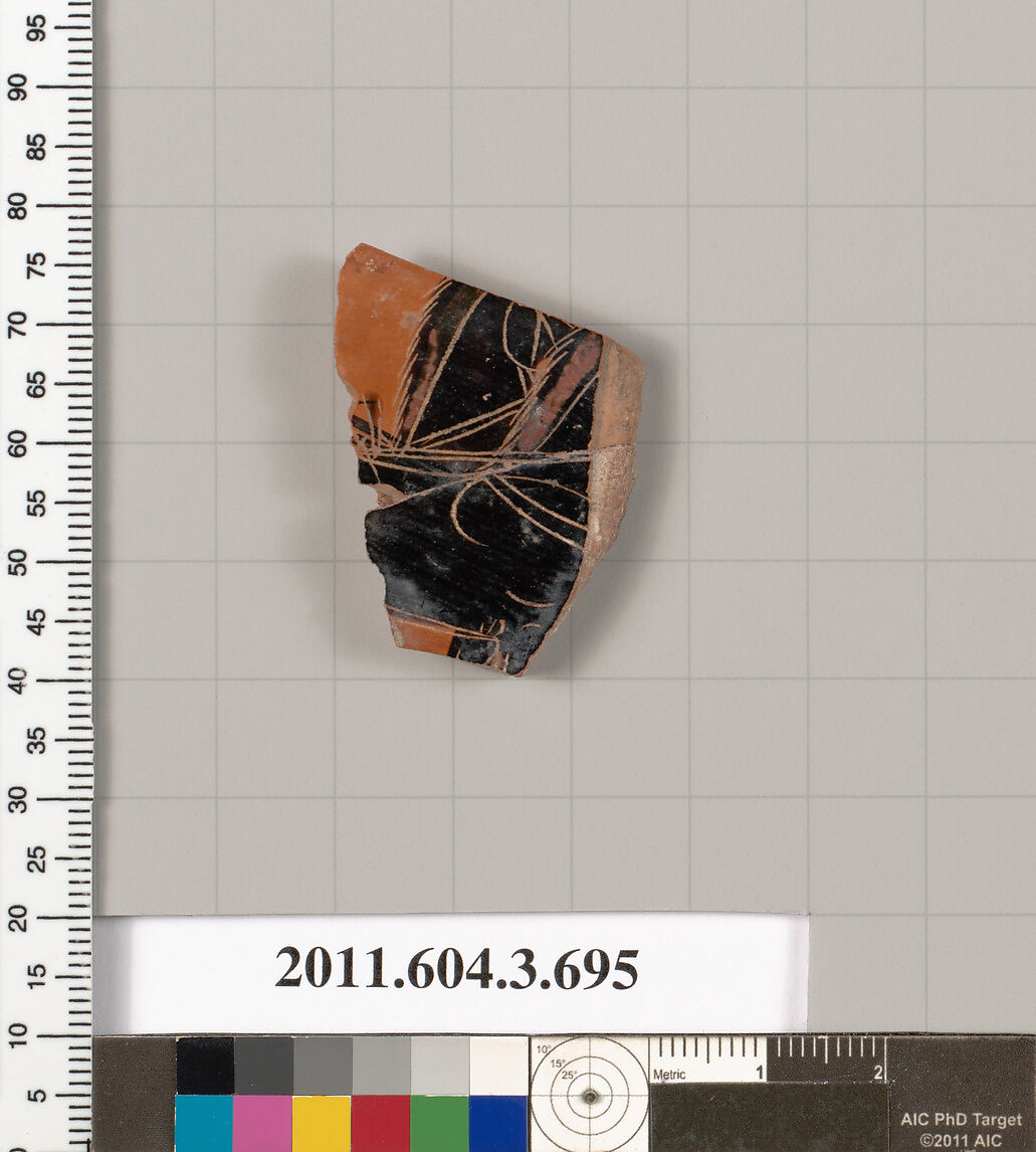 Terracotta fragment of a hydria (water jar), Terracotta, Greek, Attic 