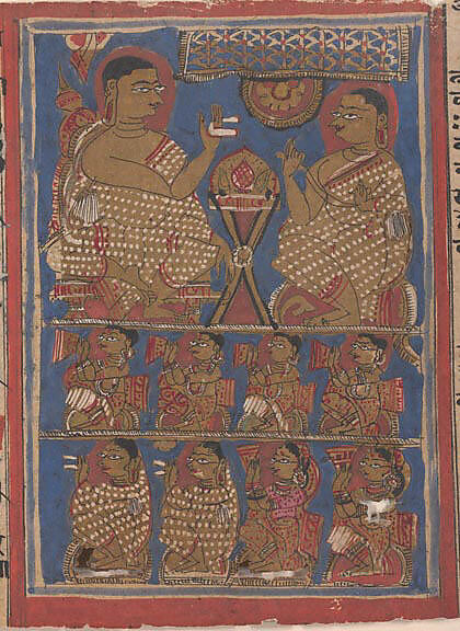 Mahavira Preaching the Samacari (top) / Part of Mahavira's Audience as He Preached the Samacari (bottom); Page from a Dispersed Kalpa Sutra (Jain Book of Rituals), Ink, opaque watercolor, and gold on paper, India (Gujarat) 