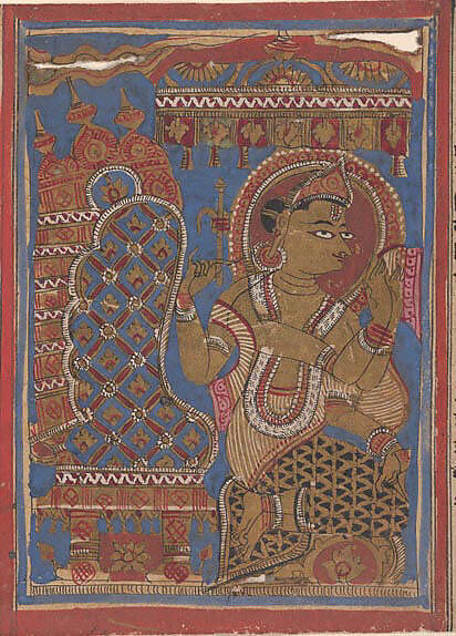 Shakra (Indra) Reveres the Embryo of Mahavira: Folio from a Kalpasutra Manuscript, Ink, opaque watercolor, and gold on paper, India (Gujarat) 