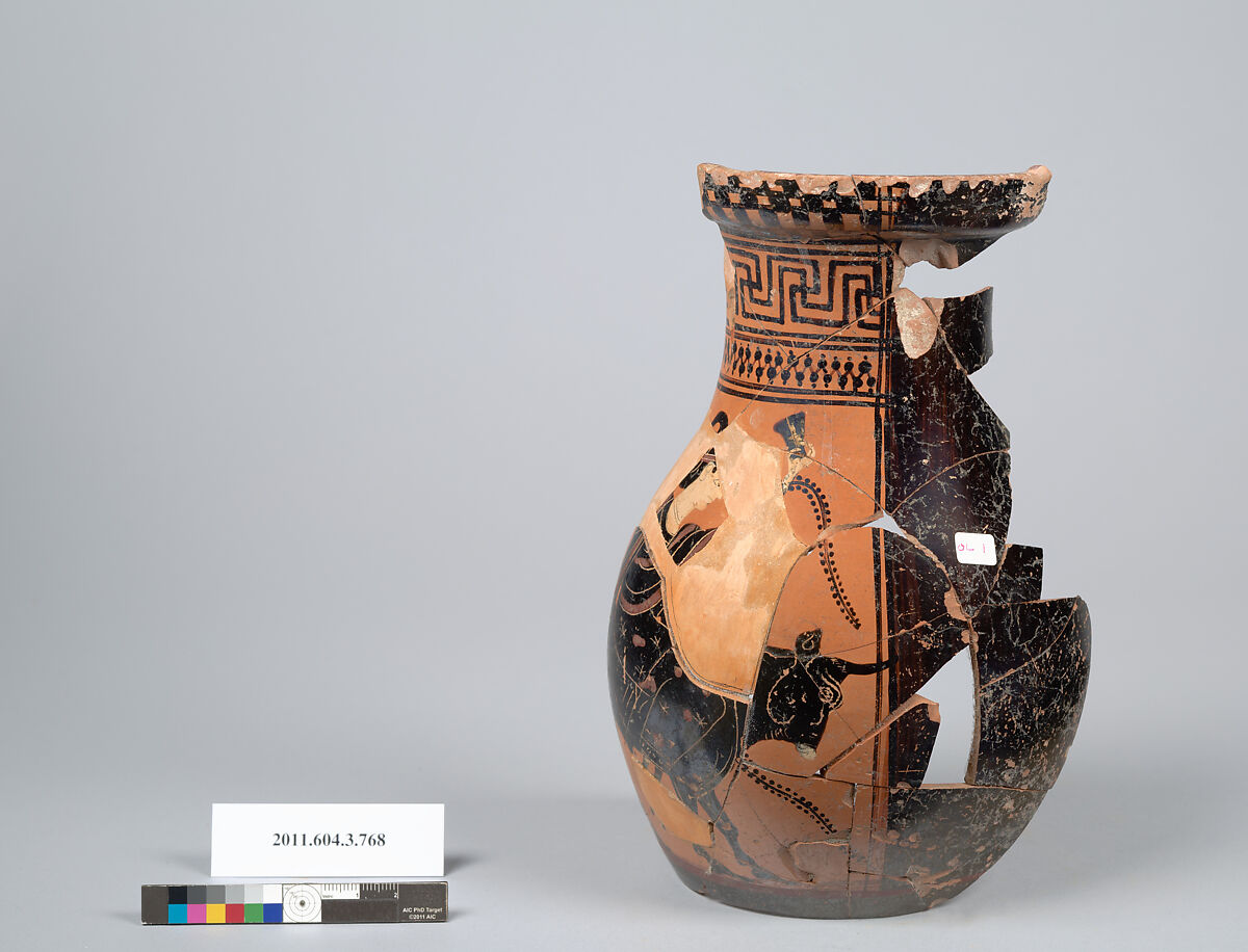 Terracotta fragment of an oinochoe: olpe (jug), Terracotta, Greek, Attic