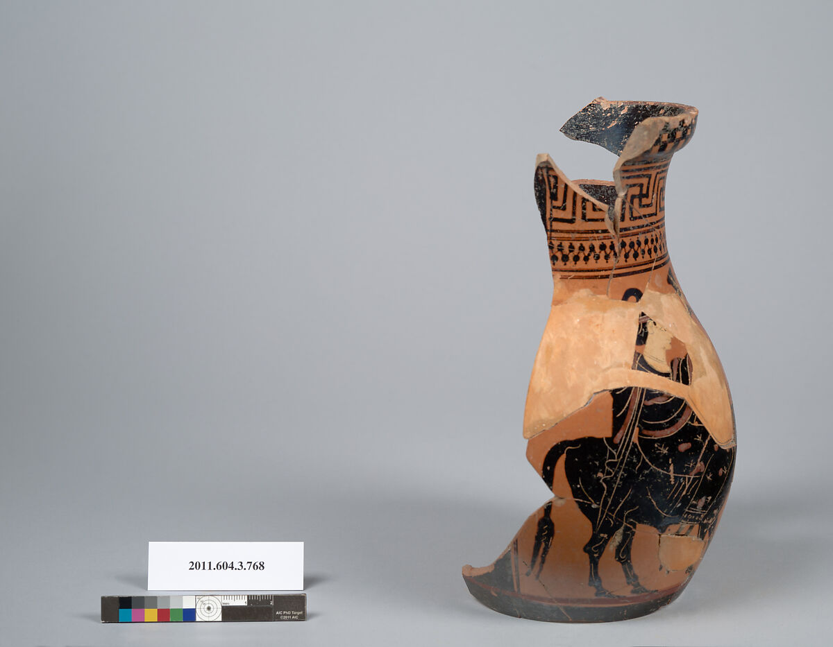 Terracotta fragment of an oinochoe: olpe (jug), Terracotta, Greek, Attic