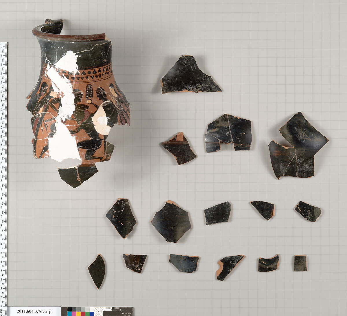 Terracotta fragments of an oinochoe: olpe (jug), Terracotta, Greek, Attic 