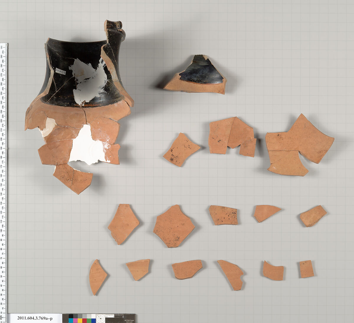 Terracotta fragments of an oinochoe: olpe (jug), Terracotta, Greek, Attic