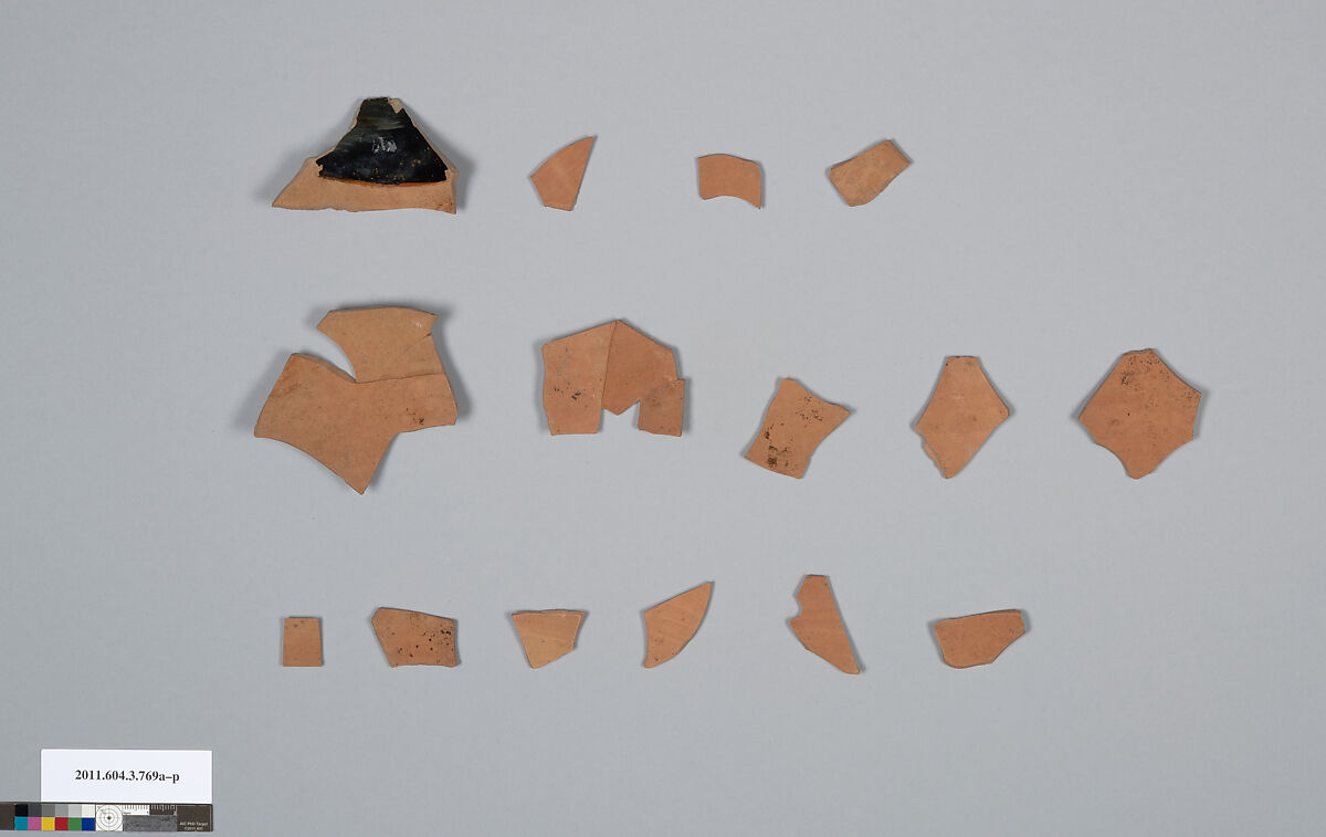 Terracotta fragments of an oinochoe: olpe (jug), Terracotta, Greek, Attic