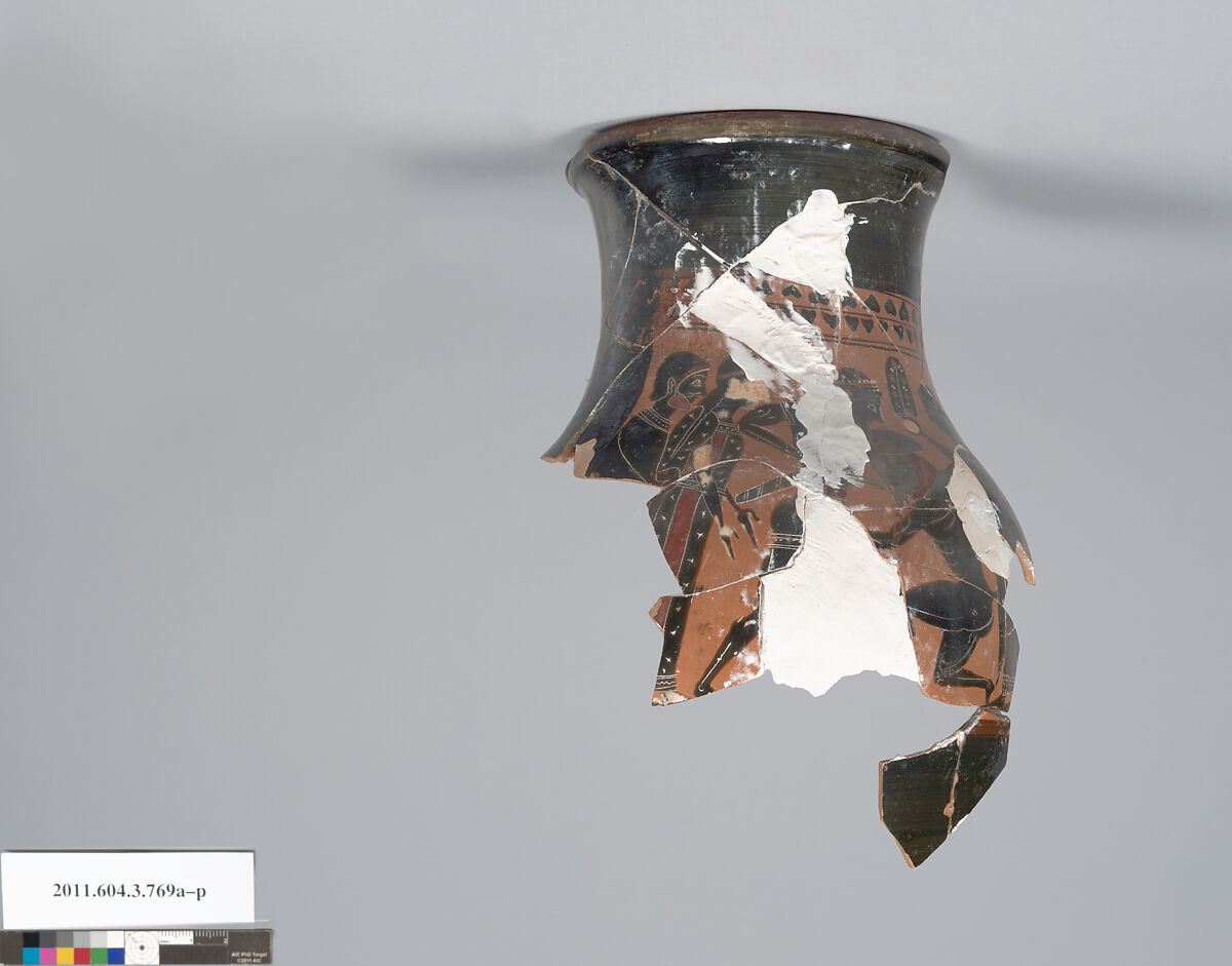 Terracotta fragments of an oinochoe: olpe (jug), Terracotta, Greek, Attic