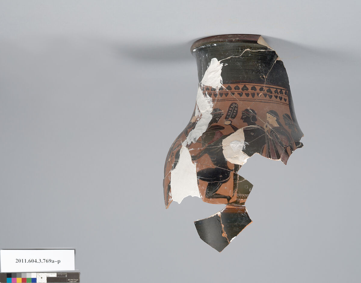 Terracotta fragments of an oinochoe: olpe (jug), Terracotta, Greek, Attic