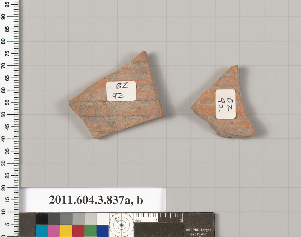 Terracotta fragments of a lekythos (oil flask), Terracotta, Greek, Attic