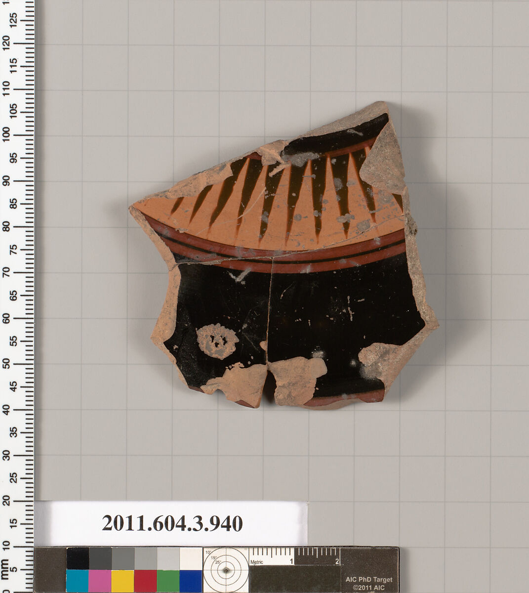 Terracotta fragment of a lekanis lid (covered dish), Terracotta, Greek, Attic 