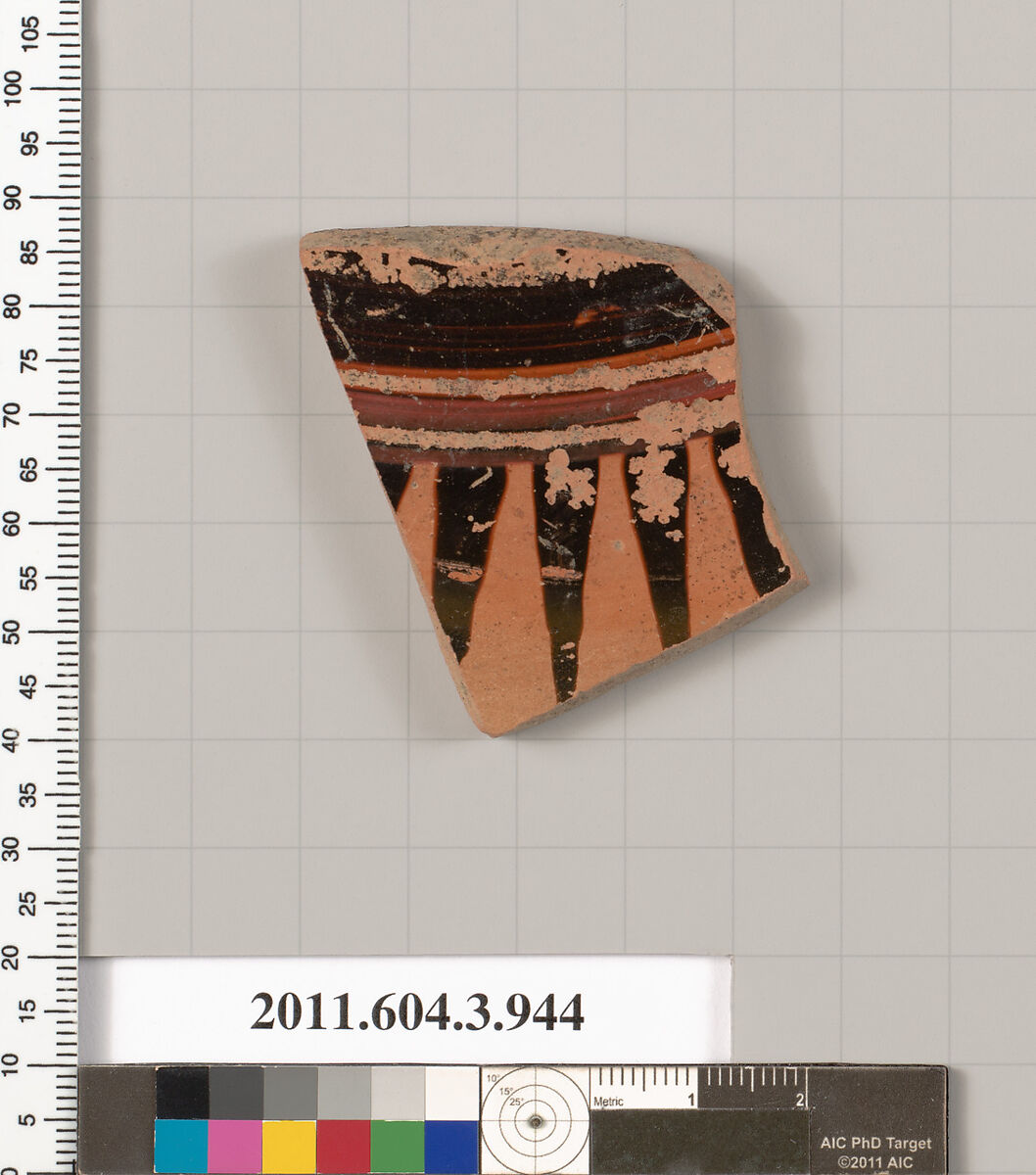 Terracotta fragment of a lekanis lid (covered dish), Terracotta, Greek, Attic 