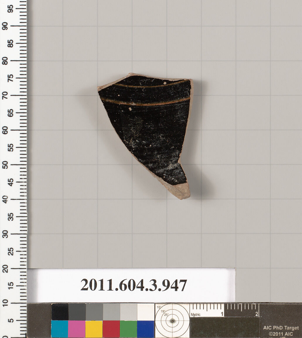 Terracotta fragment of a lekanis lid (covered dish), Terracotta, Greek, Attic