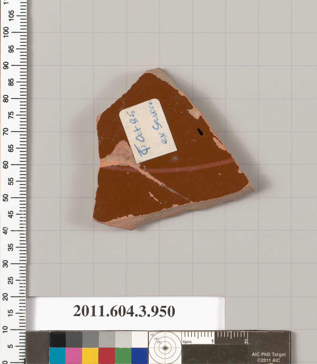 Terracotta fragment of a lekanis lid (covered dish), Terracotta, Greek, Attic