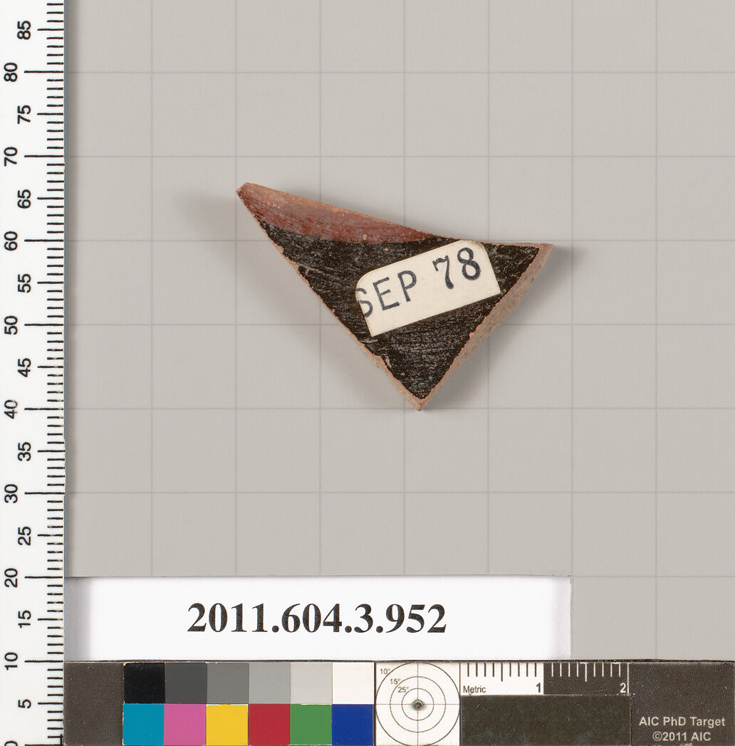 Terracotta fragment of a lekanis lid (covered dish), Terracotta, Greek, Attic