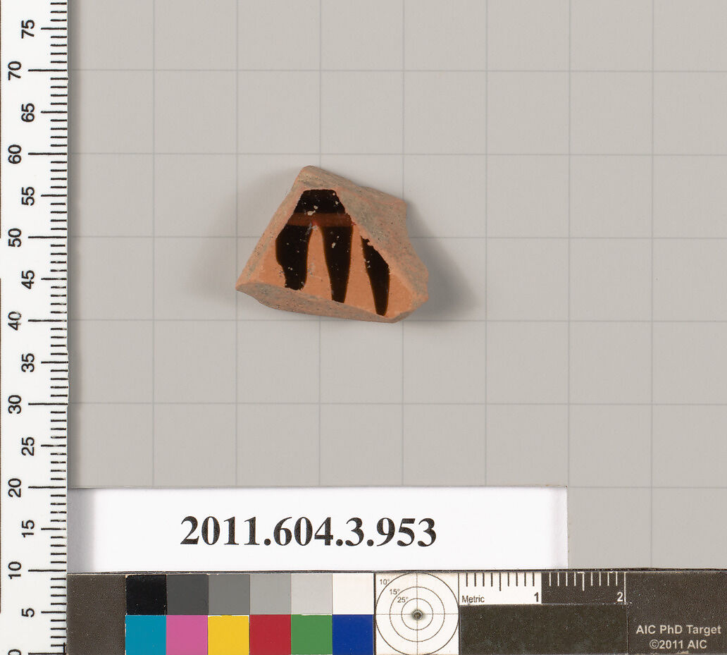 Terracotta fragment of a lekanis lid (covered dish), Terracotta, Greek, Attic 