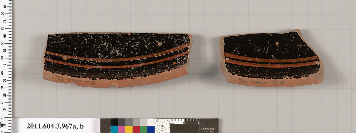Terracotta fragments of a lekanis lid (covered dish), Terracotta, Greek, Attic