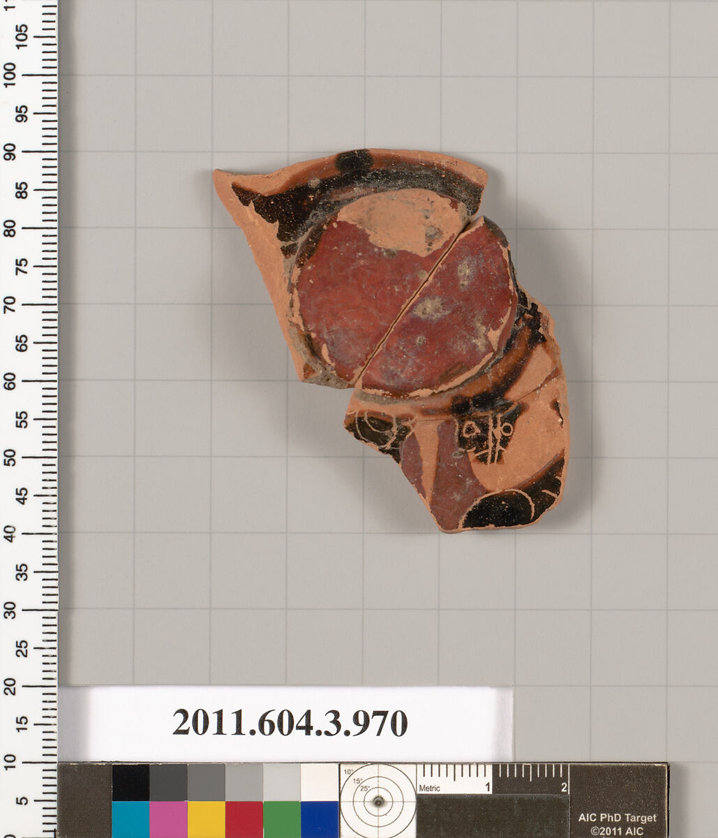 Terracotta fragment of a lekanis lid (covered dish), Terracotta, Greek, Attic 