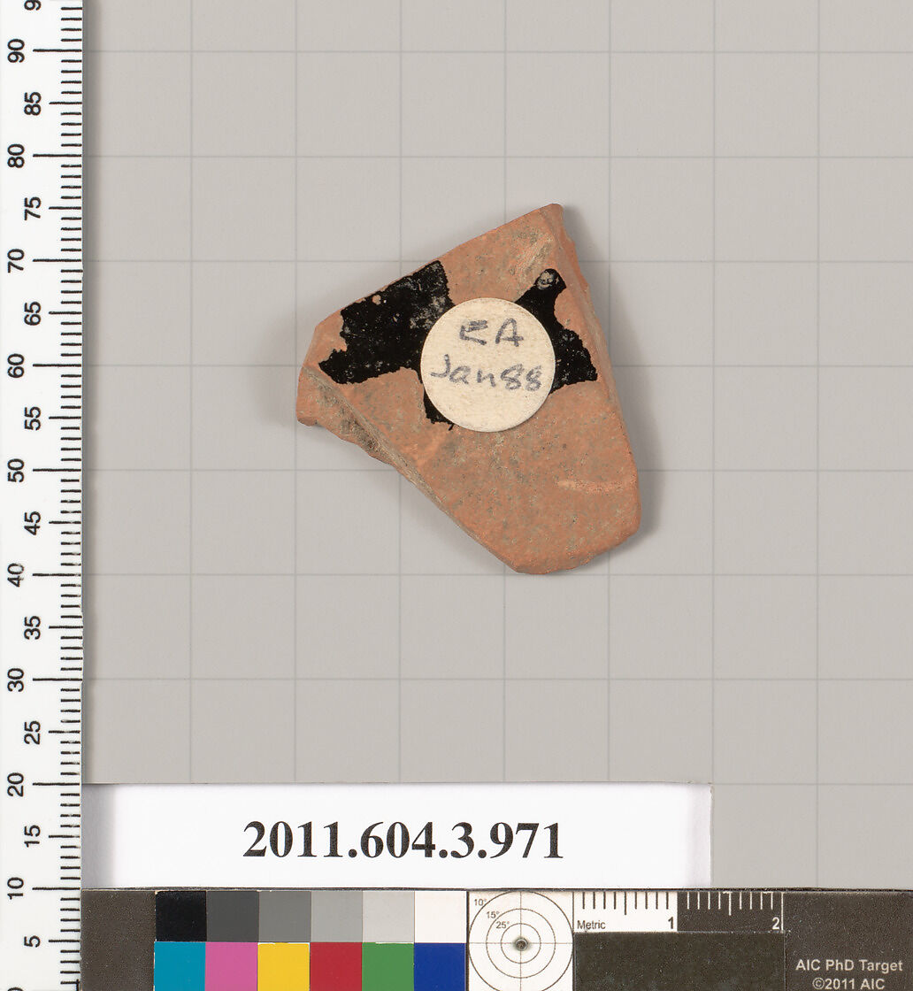 Terracotta fragment of a lekanis lid (covered dish), Terracotta, Greek, Attic