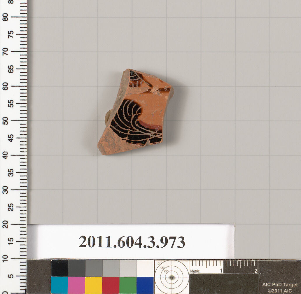 Terracotta fragment of a lekanis lid (covered dish), Terracotta, Greek, Attic 