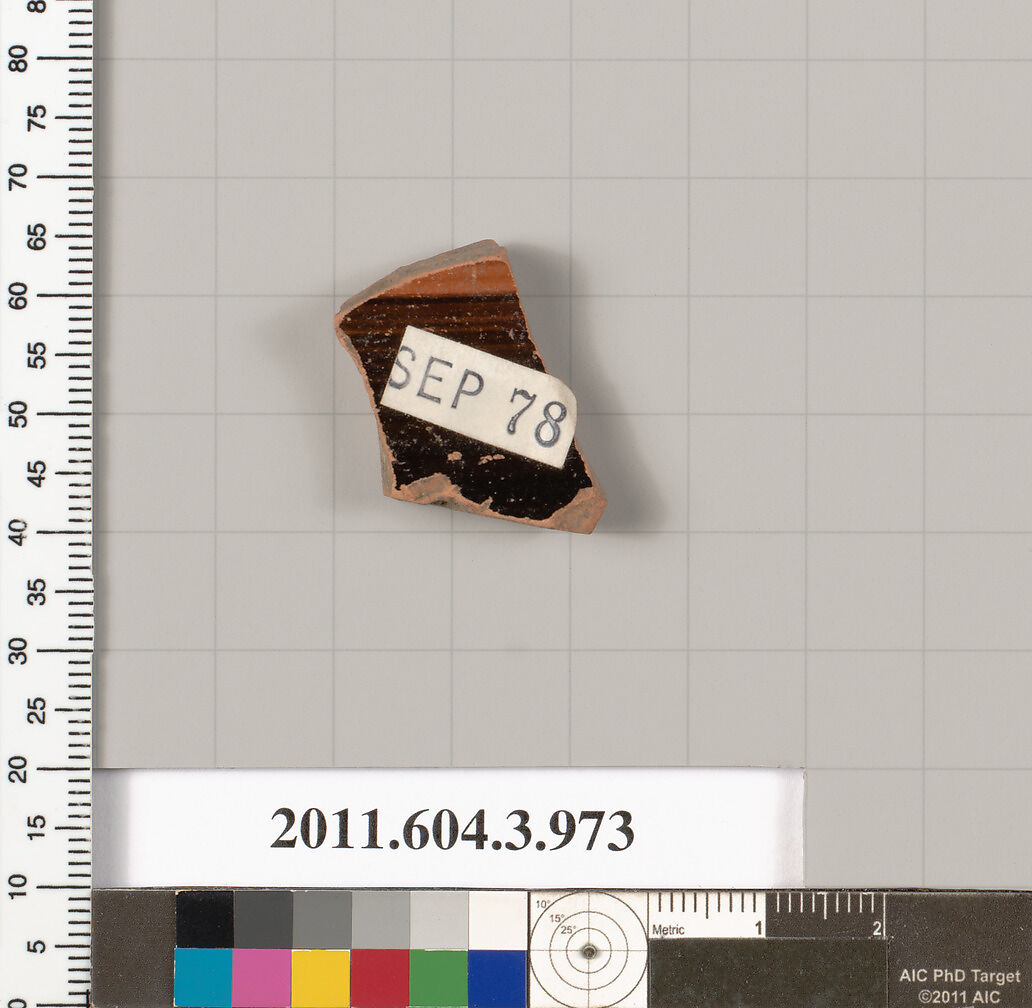 Terracotta fragment of a lekanis lid (covered dish), Terracotta, Greek, Attic