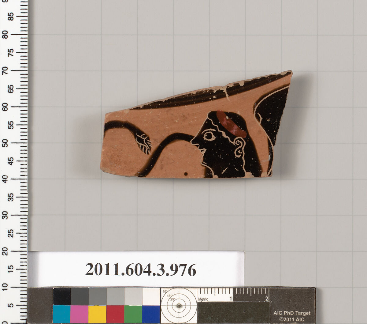 Terracotta fragment of a lekanis lid (covered dish), Terracotta, Greek, Attic 