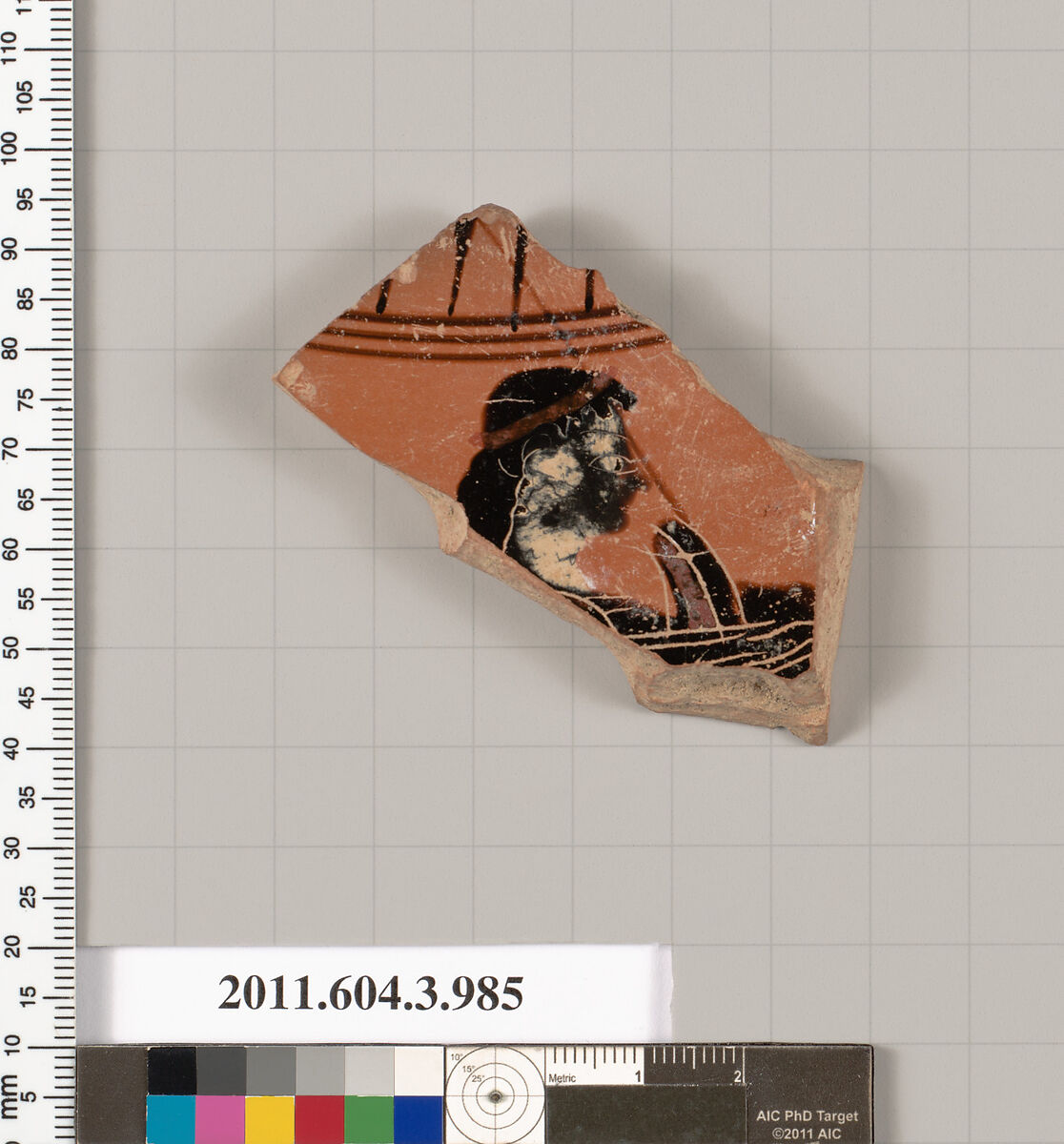 Terracotta fragment of a lekanis lid (covered dish), Terracotta, Greek, Attic 