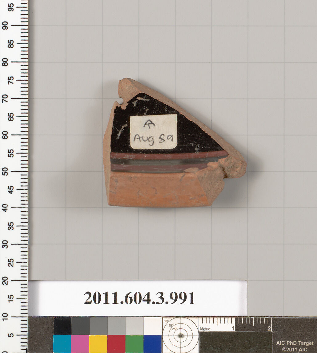 Terracotta fragment of a lekanis lid (covered dish), Terracotta, Greek, Attic