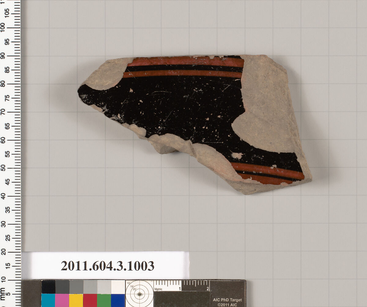 Terracotta fragment of lekanis (covered dish)?, Terracotta, Greek, Attic 