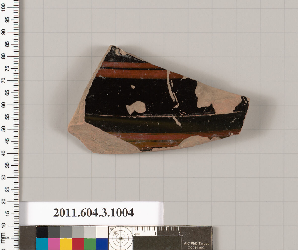 Terracotta fragment of lekanis (covered dish)?, Terracotta, Greek, Attic 