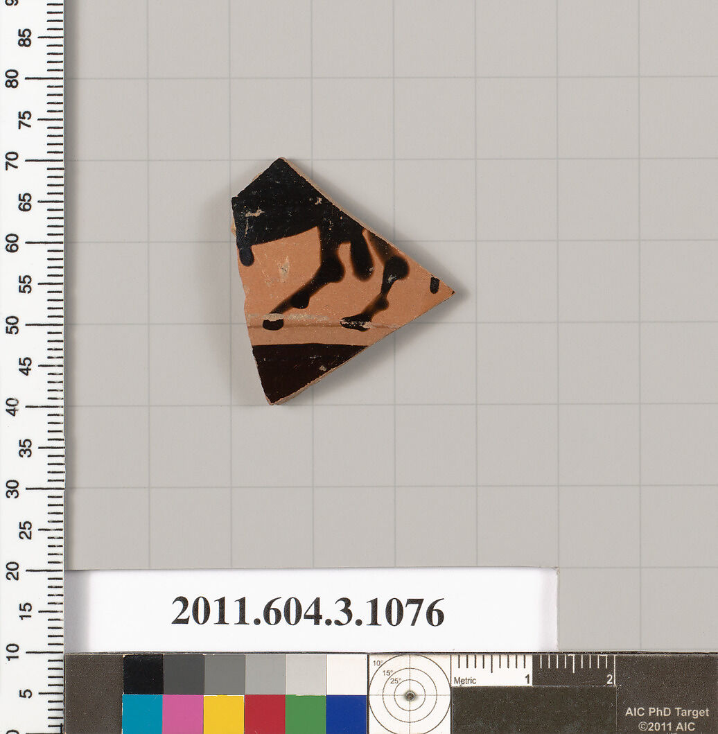 Terracotta fragment of a mastoid (drinking cup with narrow base), Terracotta, Greek, Attic 
