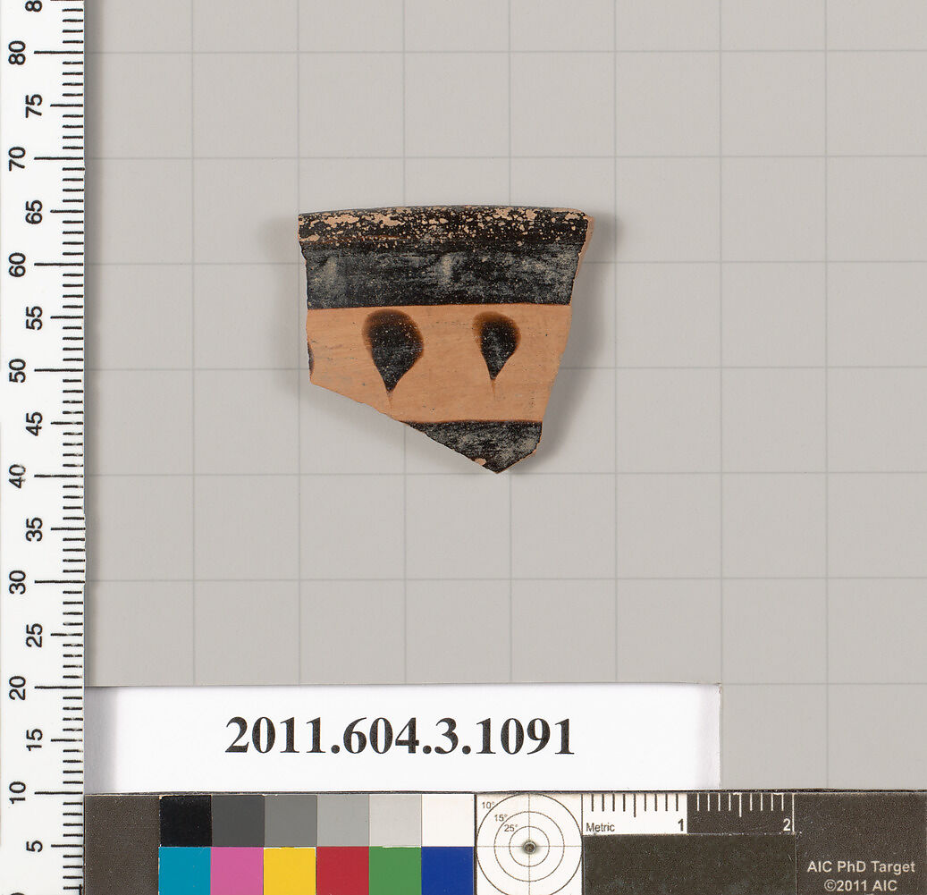 Terracotta rim fragment of a mastoid (drinking cup with narrow base), Terracotta, Greek, Attic 