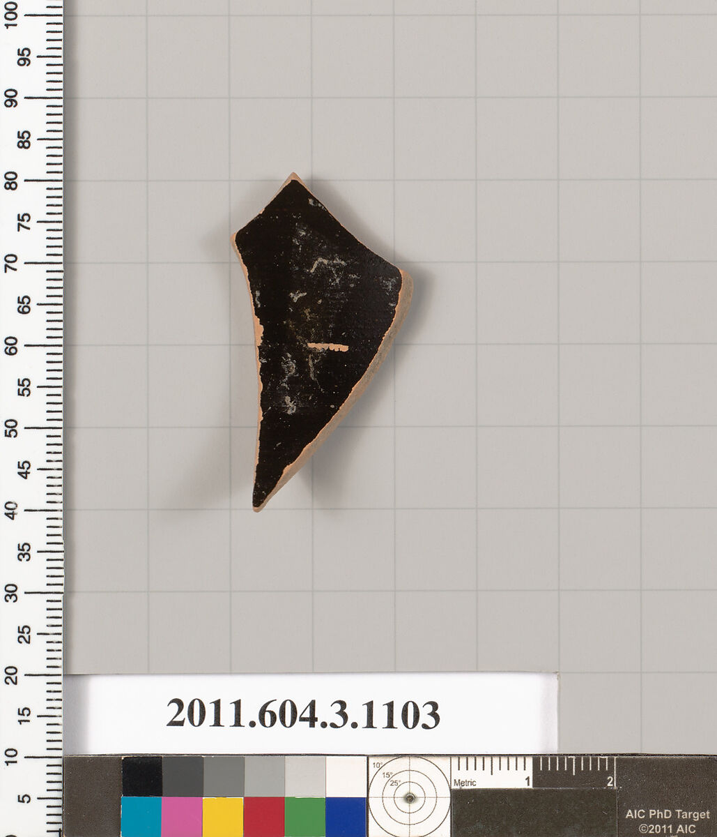 Terracotta fragment of a mastoid (drinking cup with narrow base) or a kyathos (cup-shaped ladle), Terracotta, Greek, Attic