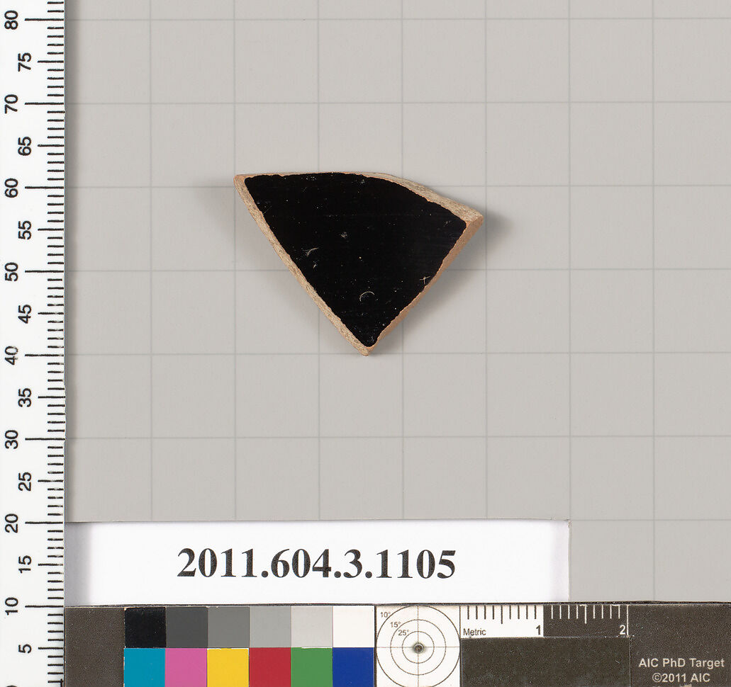 Terracotta fragment of a mastoid (drinking cup with narrow base) or a kyathos (cup-shaped ladle), Terracotta, Greek, Attic