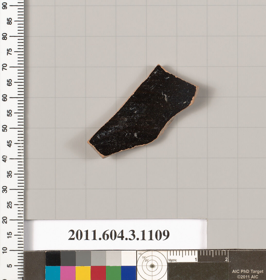 Terracotta fragment of a mastoid (drinking cup with narrow base) or a kyathos (cup-shaped ladle), Terracotta, Greek, Attic