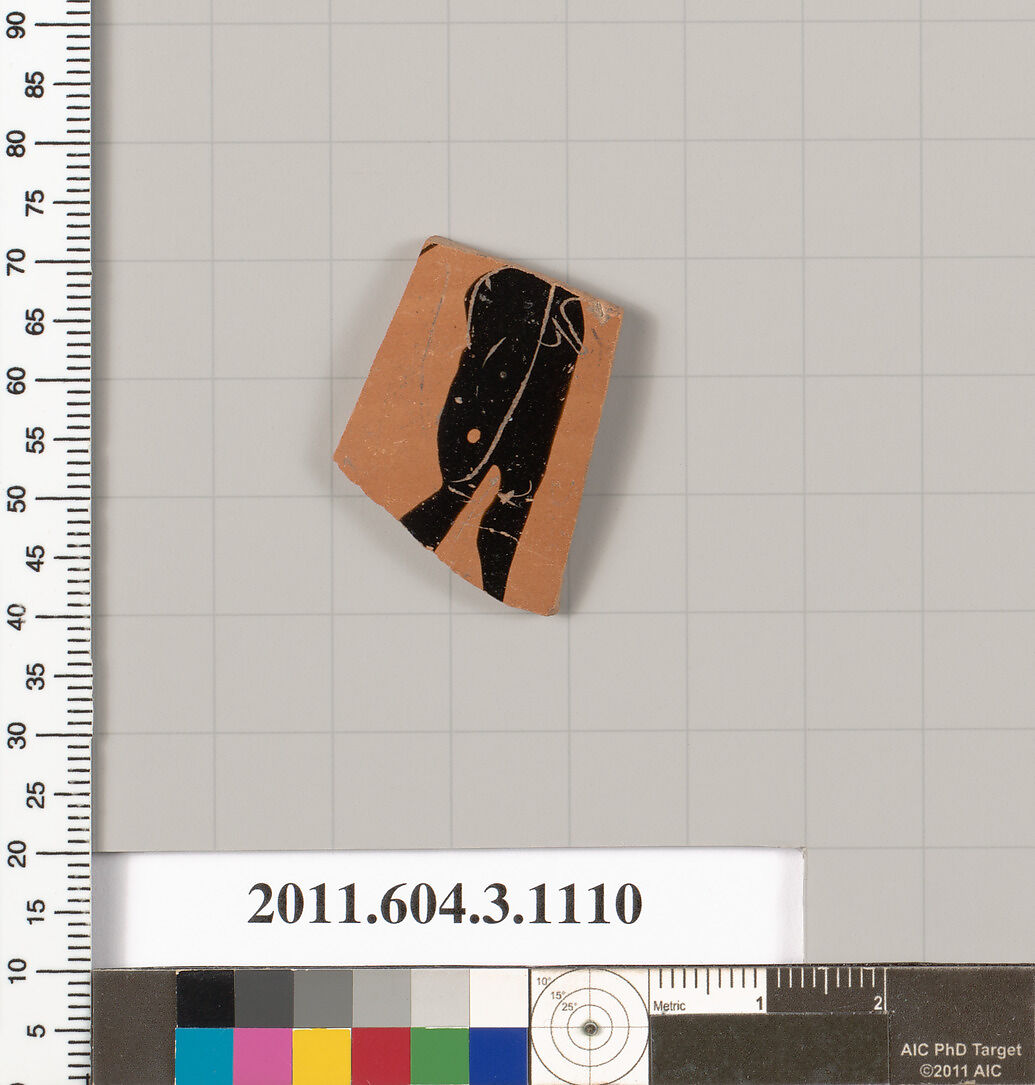 Terracotta fragment of a mastoid (drinking cup with narrow base) or a kyathos (cup-shaped ladle), Terracotta, Greek, Attic 
