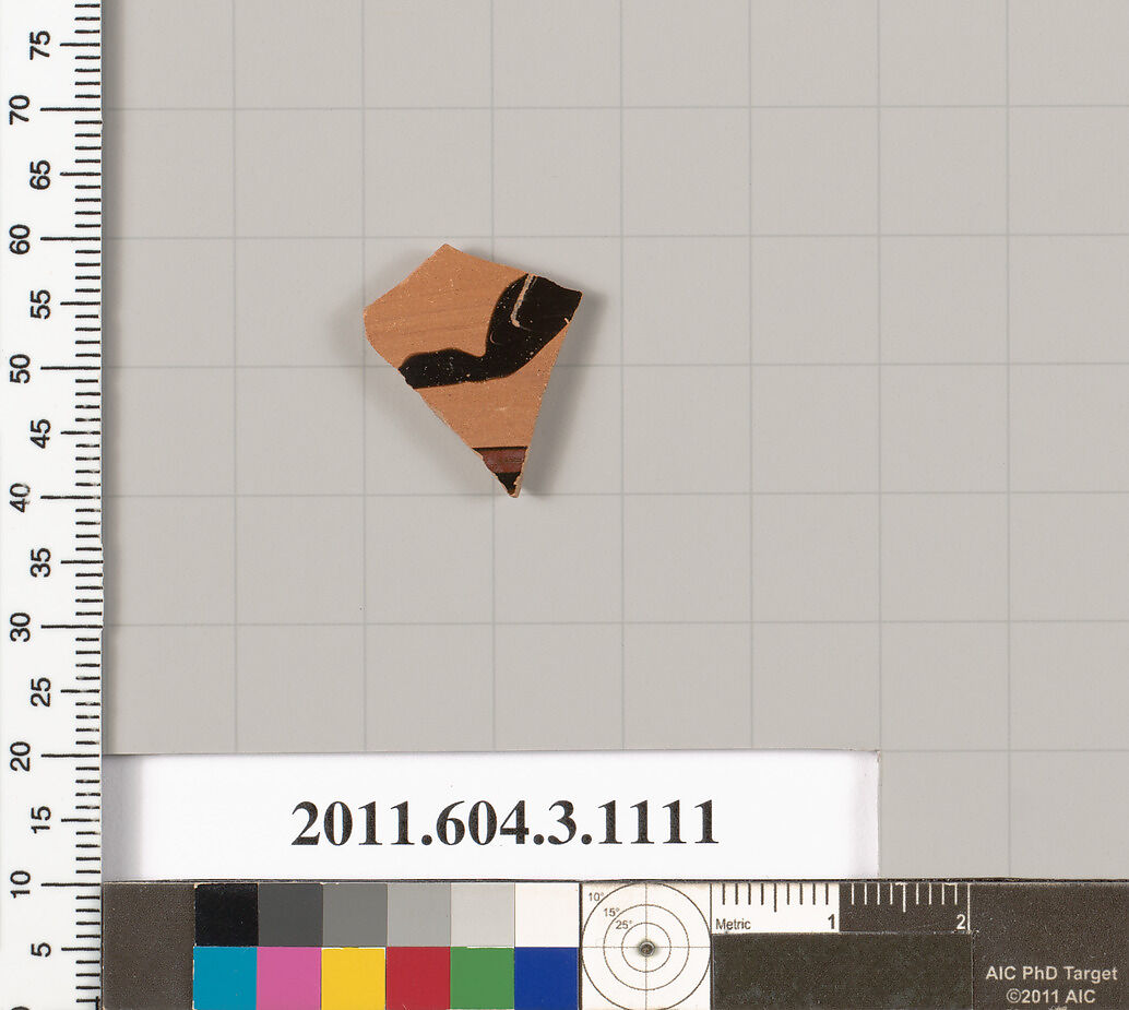 Terracotta fragment of a mastoid (drinking cup with narrow base) or a kyathos (cup-shaped ladle), Terracotta, Greek, Attic 