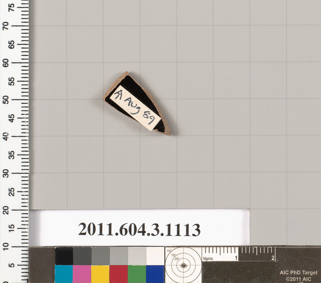 Terracotta fragment of a mastoid (drinking cup with narrow base) or a kyathos (cup-shaped ladle), Terracotta, Greek, Attic