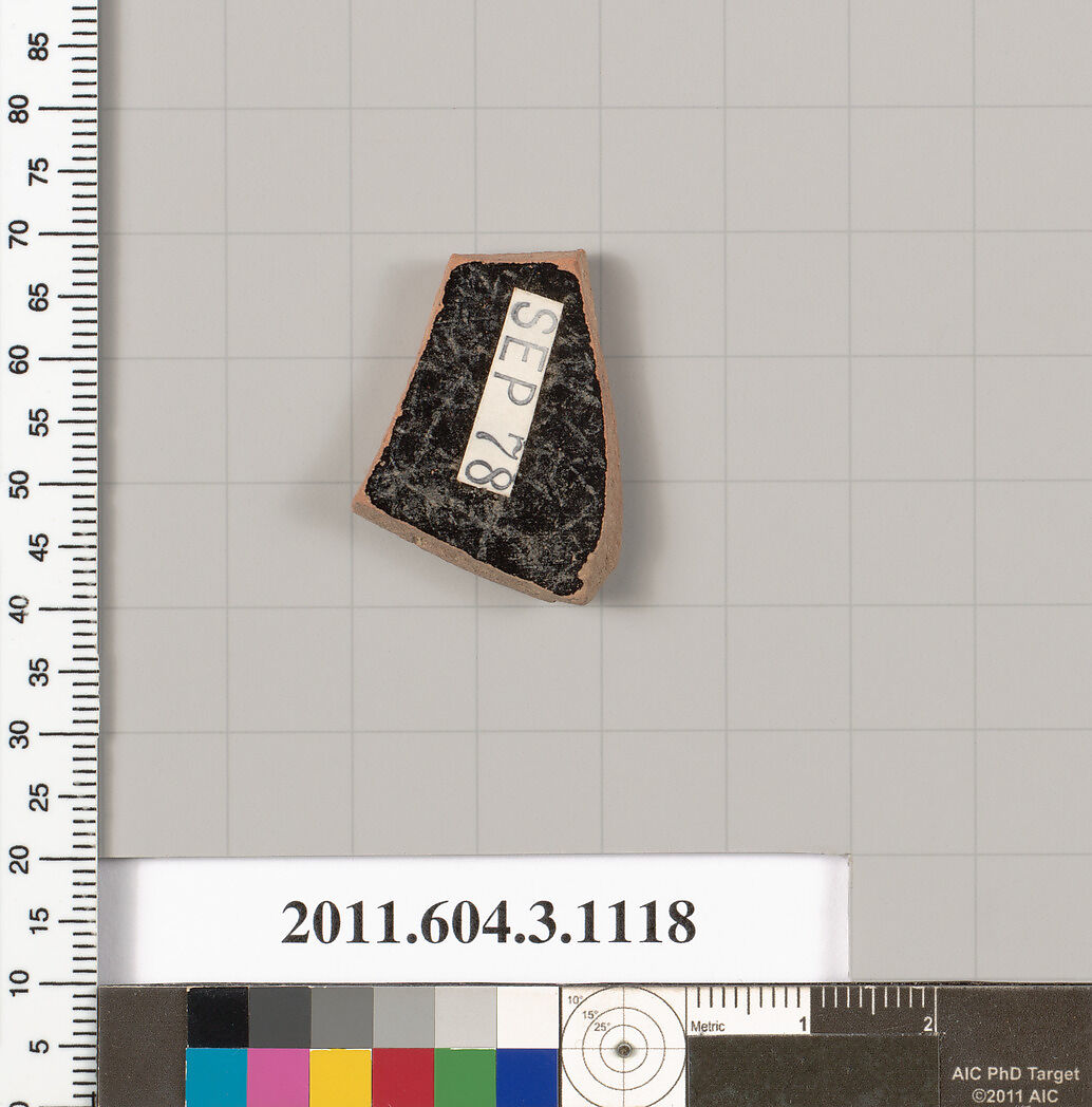 Terracotta fragment of a mastoid (drinking cup with narrow base) or a kyathos (cup-shaped ladle), Terracotta, Greek, Attic