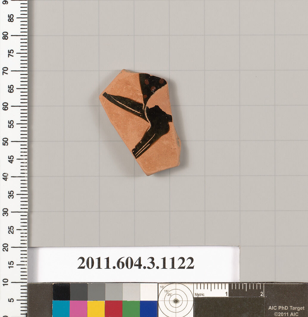 Terracotta fragment of a mastoid (drinking cup with narrow base) or a kyathos (cup-shaped ladle), Terracotta, Greek, Attic 
