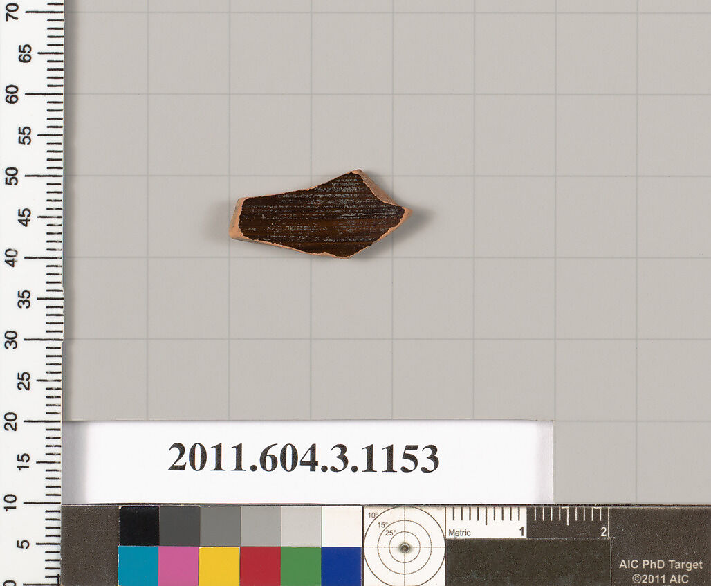 Terracotta fragment of a mastoid (drinking cup with narrow base) or a kyathos (cup-shaped ladle), Terracotta, Greek, Attic