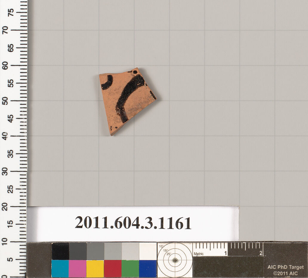Terracotta fragment of a mastoid (drinking cup with narrow base) or a kyathos (cup-shaped ladle), Terracotta, Greek, Attic 
